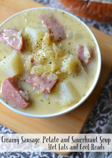 Delicious and easy 30 minute meal! Perfect for weeknights or lunch and the sauerkraut adds a surprising touch of flavor! Creamy Sausage, Potato and Sauerkraut Soup Recipe from Hot Eats and Cool Reads