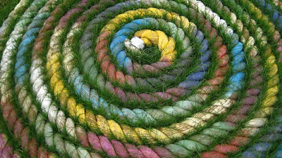 Coiled rope, colored, with grass growing between the concentric rounds