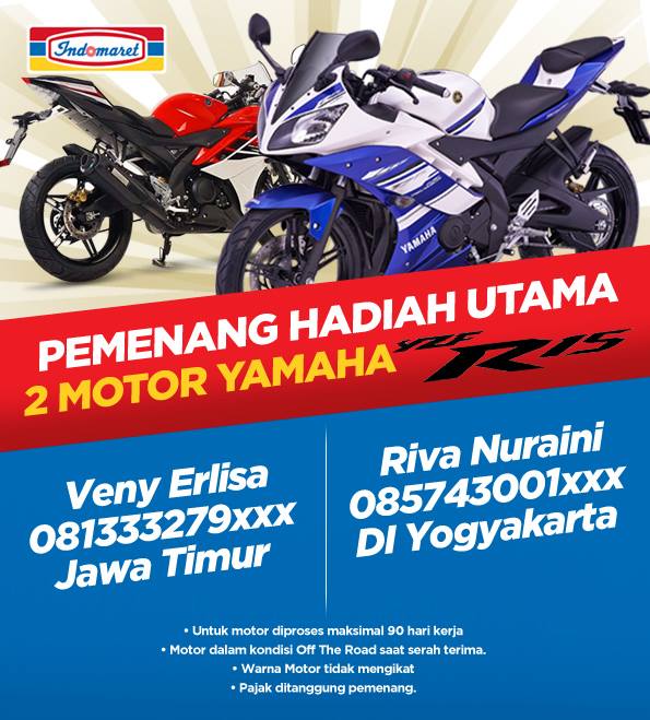 Pemenang 2 Motor Yamaha R15 dari Kuis Tebak Harga Indomaret Pemenang 2 Motor Yamaha R15 dari Kuis Tebak Harga Indomaret