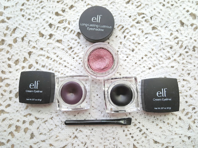 a picture of e.l.f Long-Lasting Lustrous Eyeshadow in Soiree, Cream Eyeliner in Purple Plum and Black