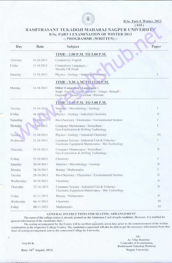 B.Sc. Part 1 Winter 2013 Timetable RTM nagpur university
