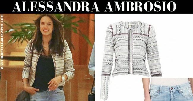 Alessandra Ambrosio in light blue skinny jeans, striped pattern jacket