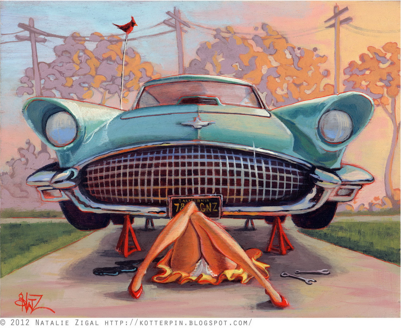 Girl and Car by Natalie Zigal Pin Up and Cartoon Girls Art Vintage