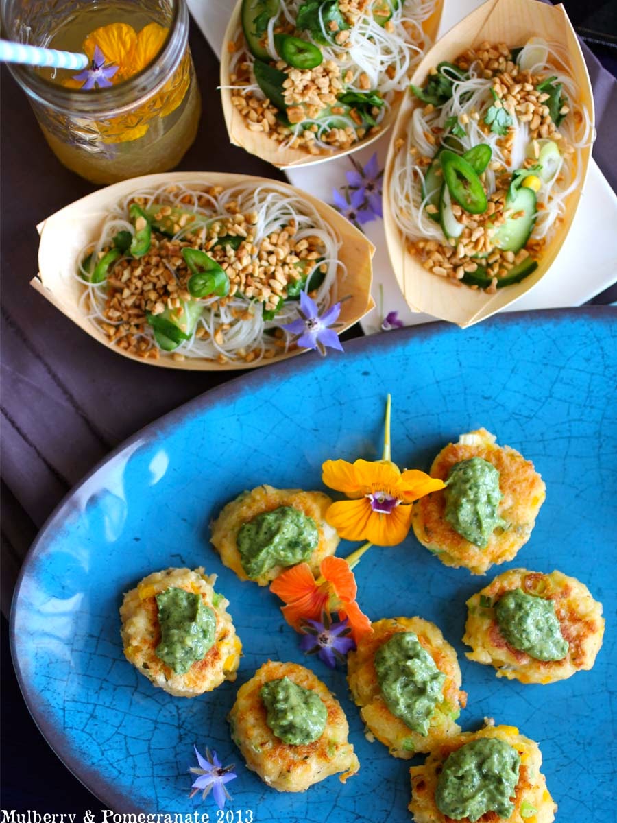 Party food crab cakes, noodle salad and lemon ice tea / Mulberry and