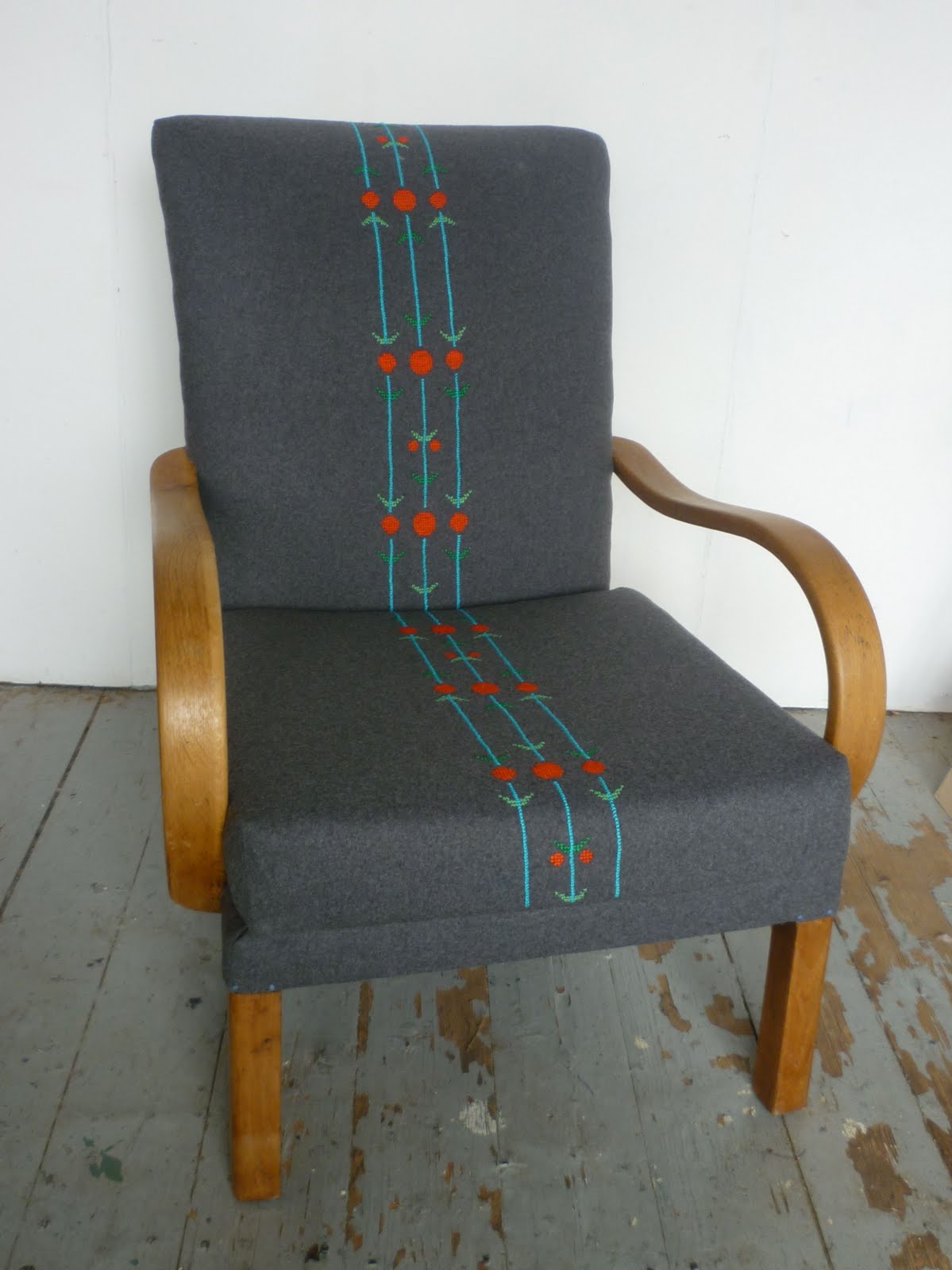 Sally Nencini Cross stitch chair and knitted pouff