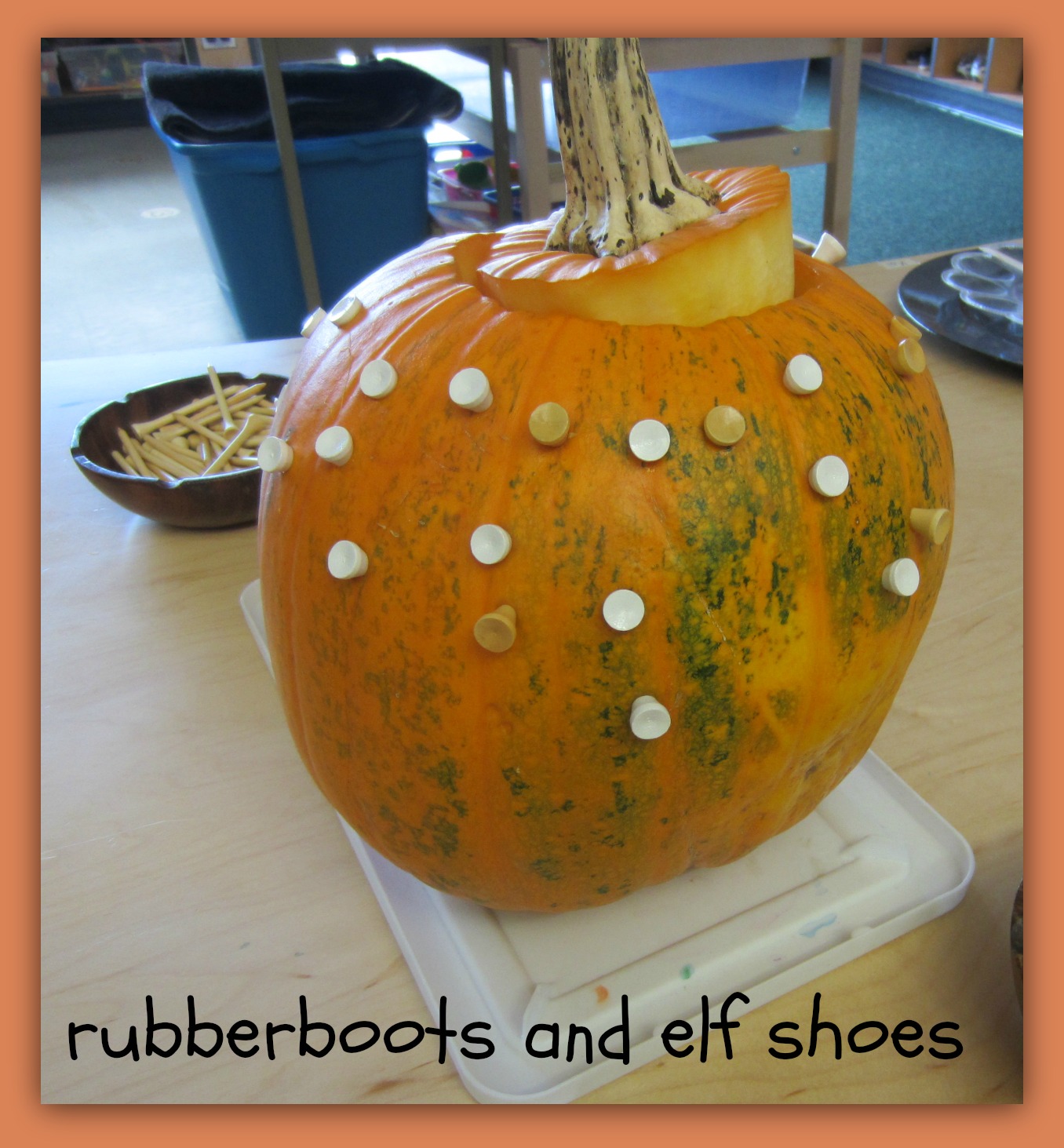 pumpkin fun with golf tees rubber boots and elf shoes