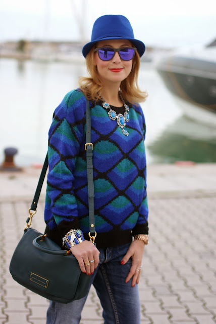 Zara statement necklace, casual cobalt outfit, Marc by Marc Jacobs too hot to handle peacock, Fashion and Cookies, fashion blogger