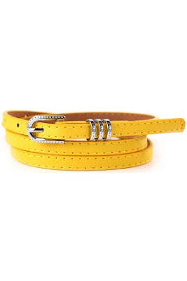Yellow Faux Leather Loop Rhinestone Decor Skinny Belt from Maykool