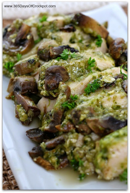 Slow Cooker Pesto Chicken and Mushroom...only a handful of ingredients and so easy a kid can make it!
