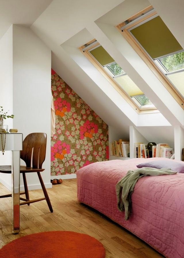 bedroom ceiling designs:sloping ceiling with floral wallpaper
