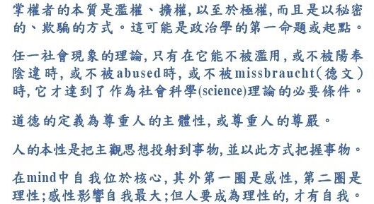 陳立民 Chen Lih Ming (陳哲 CLM)於2013年名片反面所印之自創的五則學術命題：政治學的第一原理、社會科學成立的必要條件、道德的定義、人類原初投射式認識方式、理性感性與自我之關係。