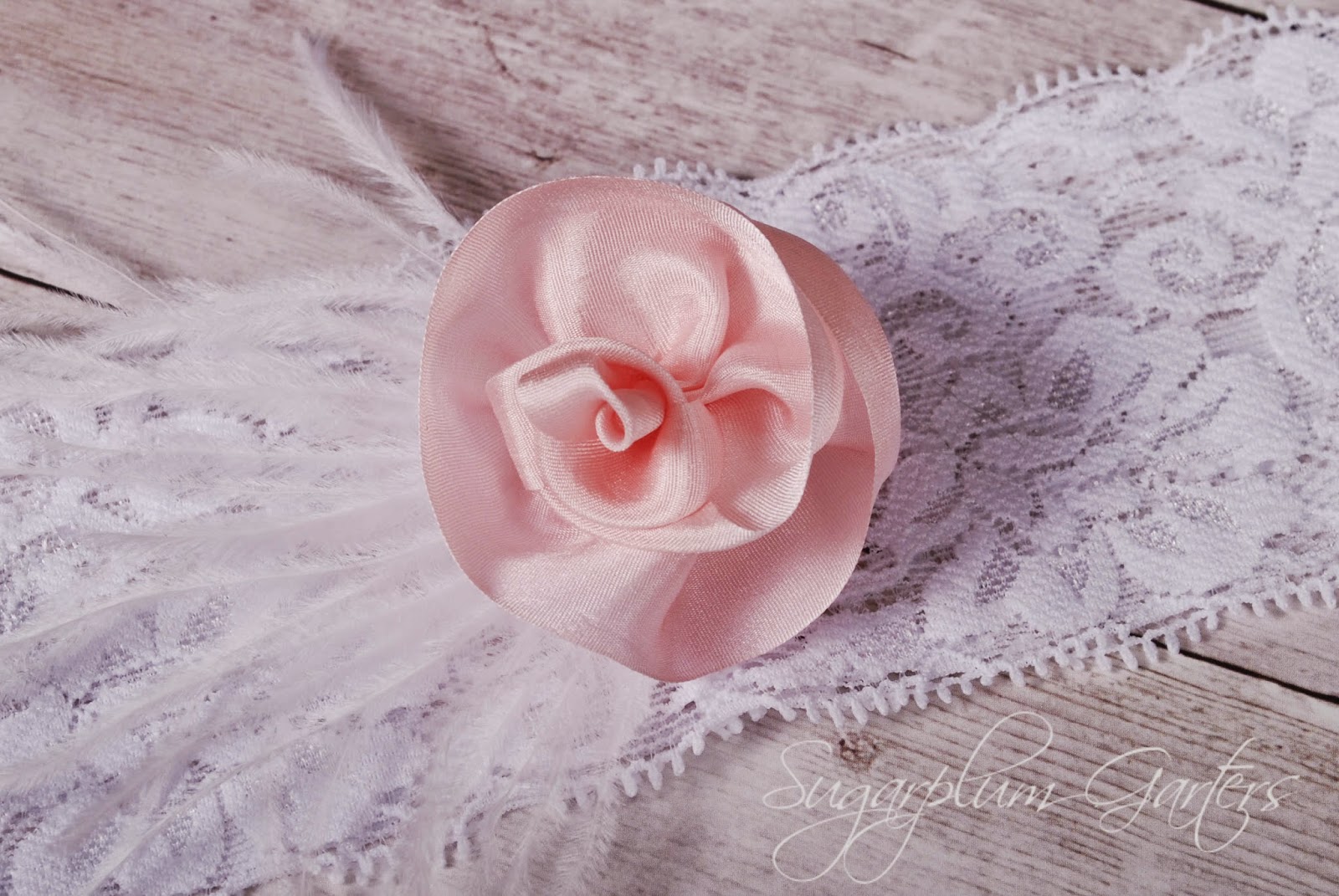 Wedding Garter in Blush Pink Silk and White Lace by Sugarplum Garters