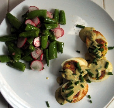 eggs Jeannette with sugar snap pea and radish salad