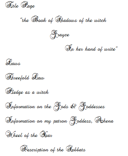 table of contents book of shadows table of contents book of shadows