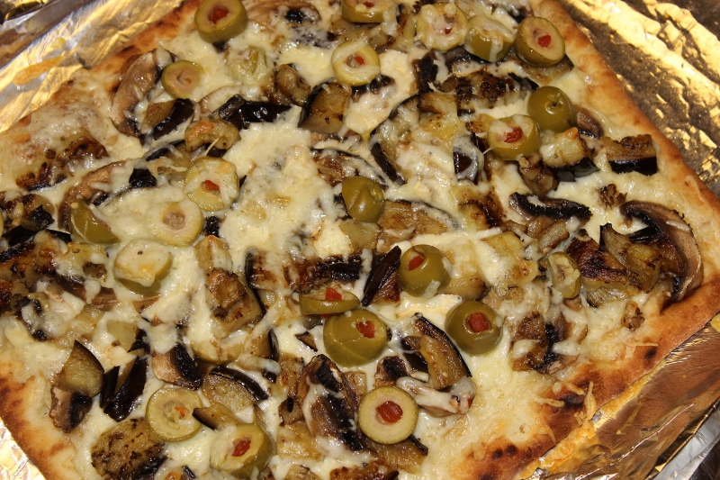 Front Range Fork And Cork Eggplant, Green Olive and Provolone Pizza