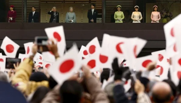 Japanese Emperor Akihito and Empress Michiko, Crown Prince Naruhito, Crown Princess Masako, Prince Akishino, Prince Kiko, Princess Mako and Princess Kako from the balcony of the Imperial Palace