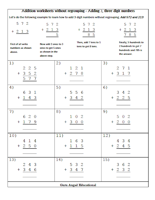 3 digit addition worksheet without regrouping