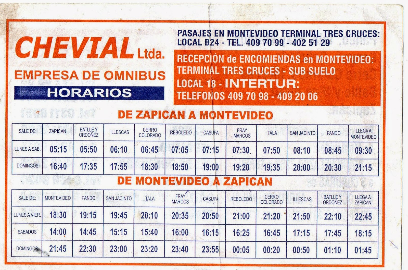 HORARIOS DEL TRANSPORTE INTERDEPARTAMENTAL HORARIOS DE EMPRESA CHEVIAL