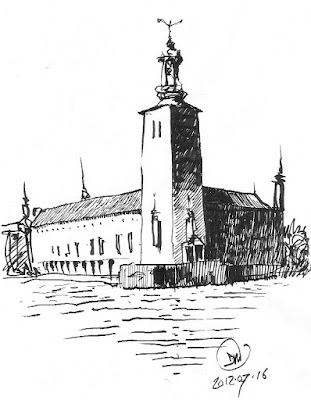 A pen sketch of Stockholm's Town Hall by David Meldrum