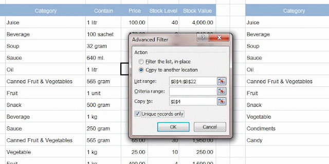 Using Advanced Filter copy unique category list to cell I4