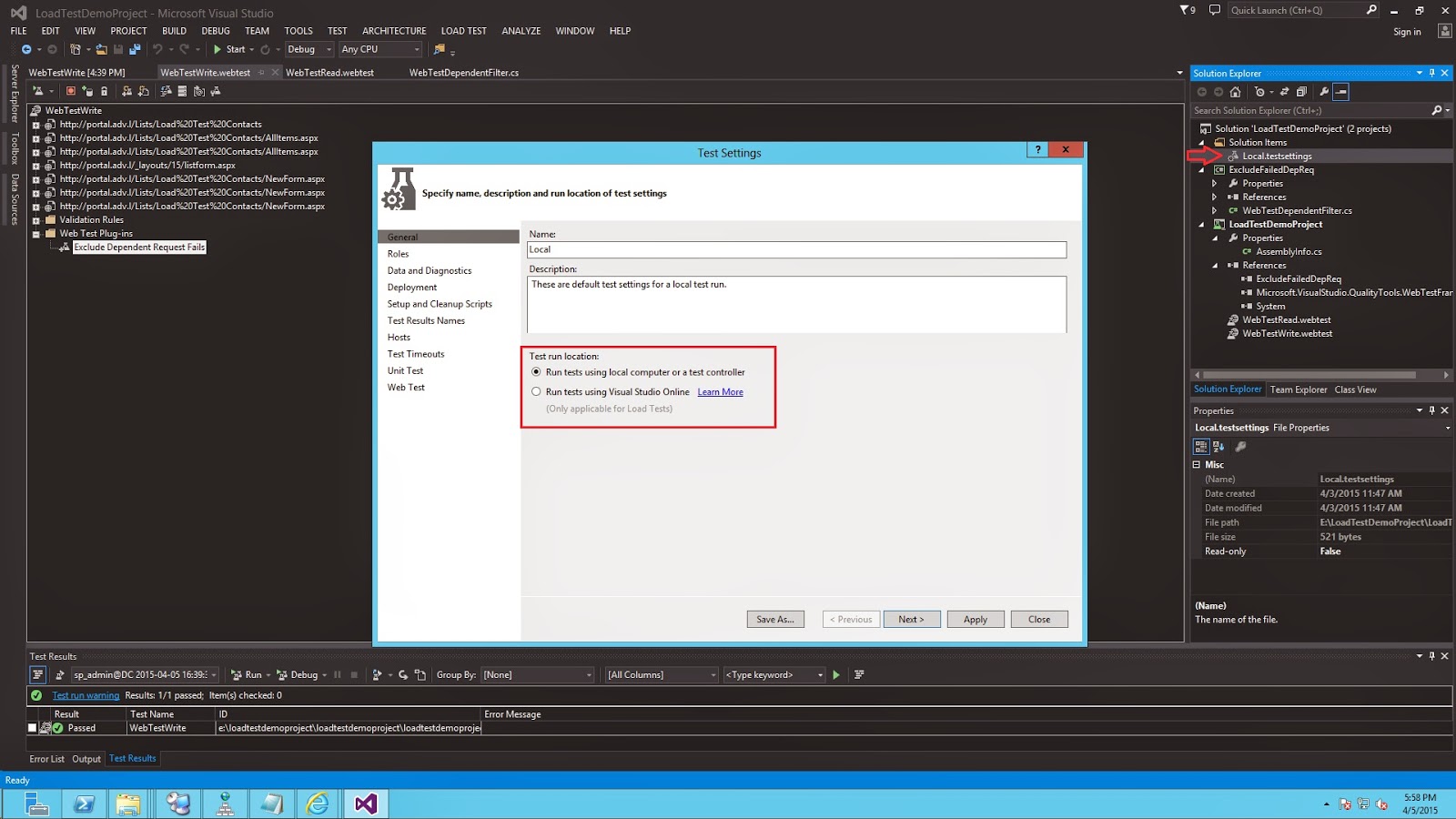 Load Test Local Settings Load Test Local Settings