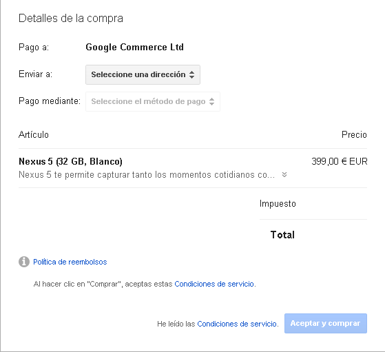 Comprar Nexus 5 Blanco en Google Play Paso final para que veas que se puede comprar en Nexus 5 en Blanco