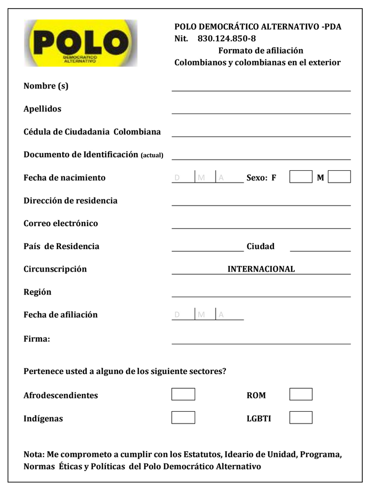 Formato de afiliación al PDA