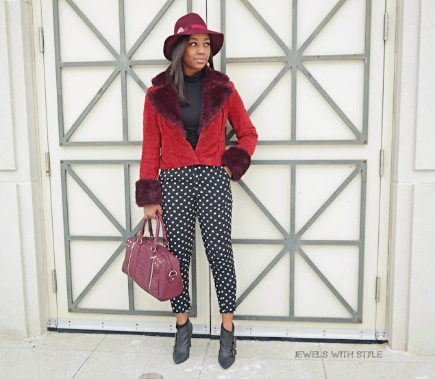 pantone color of the year, marsala, 2015 color of the year, jewels with style, black fashion blogger, fedora hat outfit, polka dot pants, maroon outfit ideas, burgundy outfits how to wear the Pantone color of the year/2015