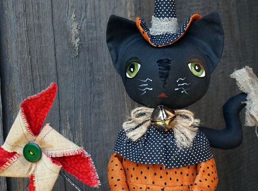 кошка, ведьма, хэллоуин, текстильная кукла