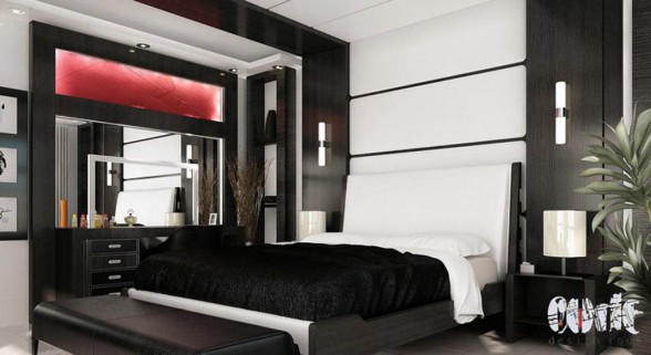 black and white bedroom with red detail