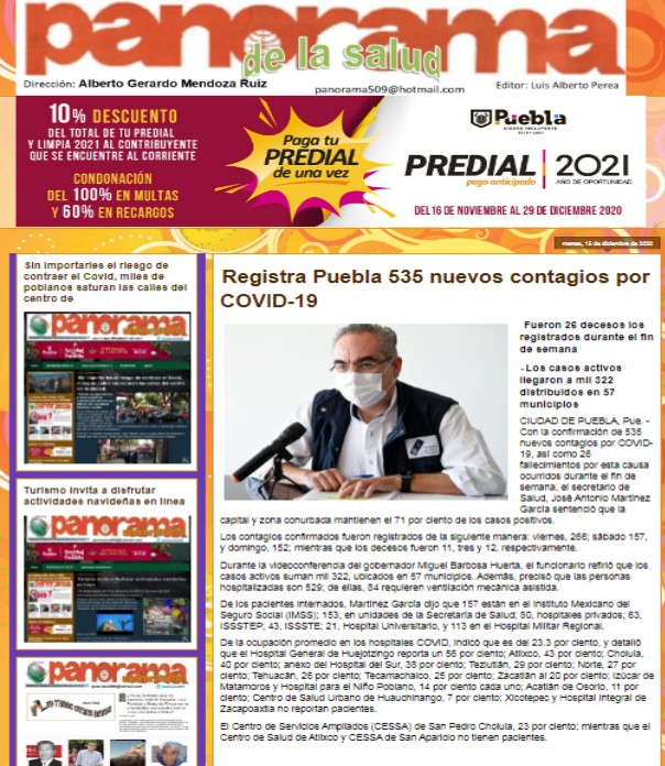 Registra Puebla 535 nuevos contagios por COVID-19
