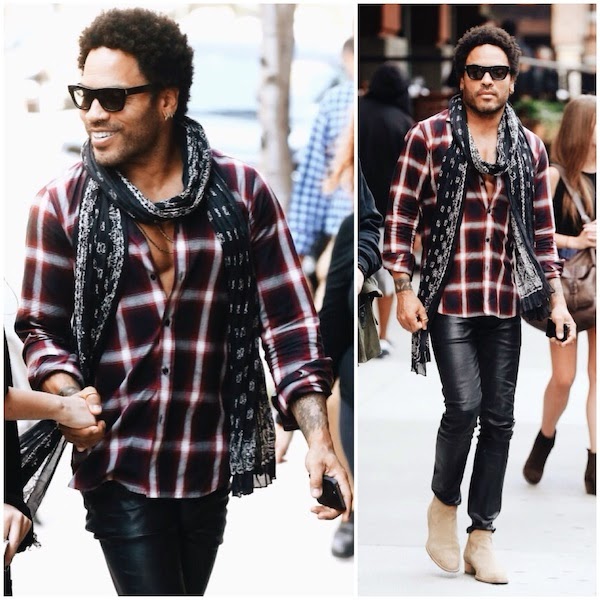 Lenny Kravitz wears Saint Laurent maroon plaid shirt in New York City September 2014
