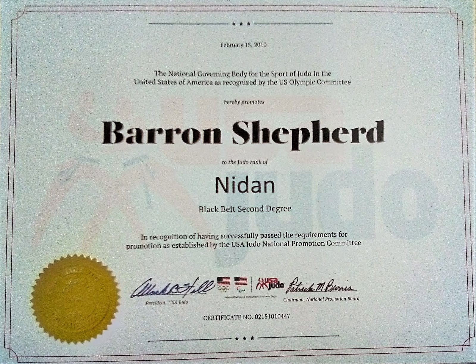 USA JUDO - NIDAN CERTIFICATE