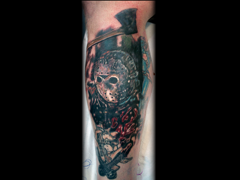 Horror Slasher Leg Sleeve Tattoo Work in Progress done by Sean Ambrose at