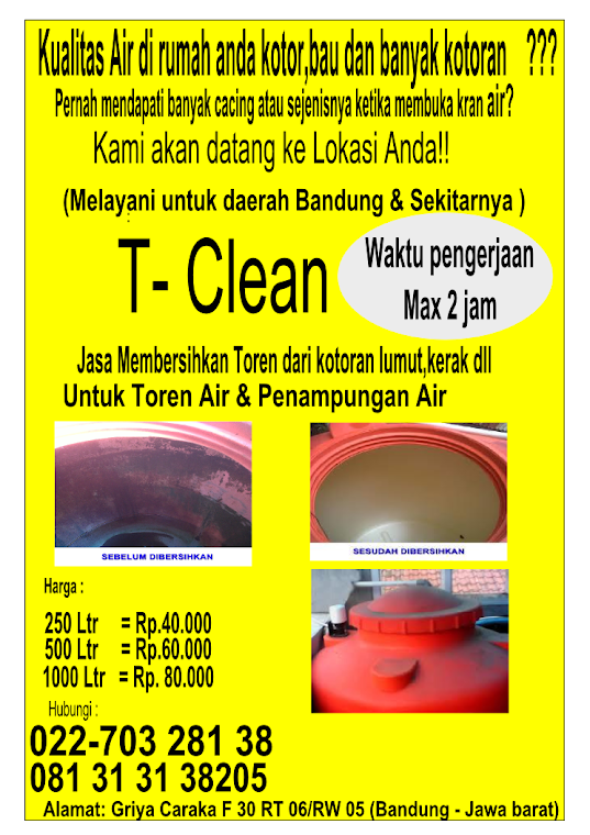 T - CLEAN Jasa membersihan Toren/Bak Air ,pipa,filter (Bandung)