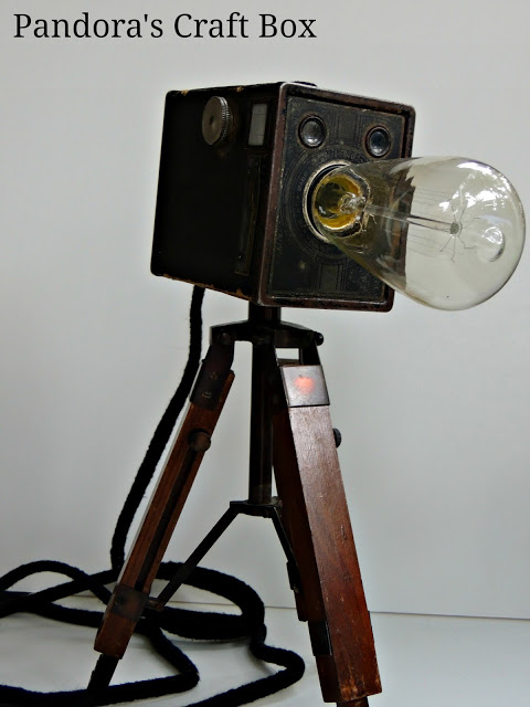 Vintage camera tripod lamps by Pandora's Craft Box, featured on I Love That Junk