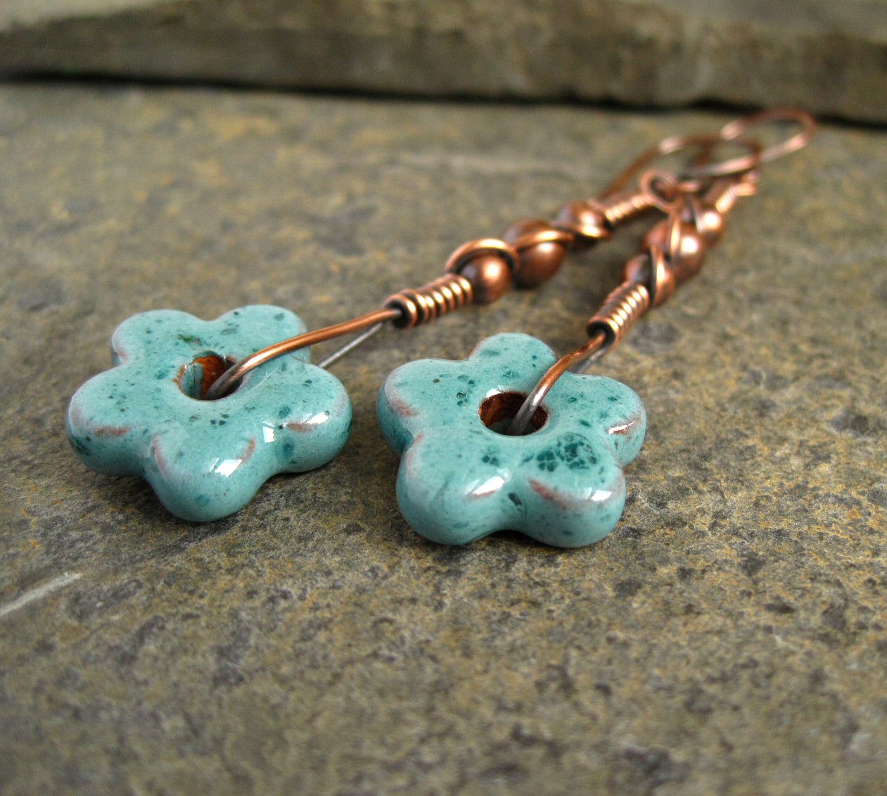 Bead Magazine Project Copper Wirework and Ceramic Flower Earrings!