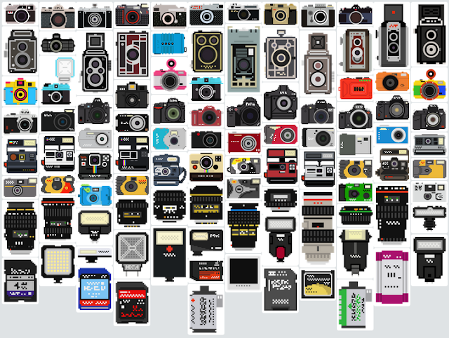 100ピクセルで表現された 様々なカメラのドット絵素材