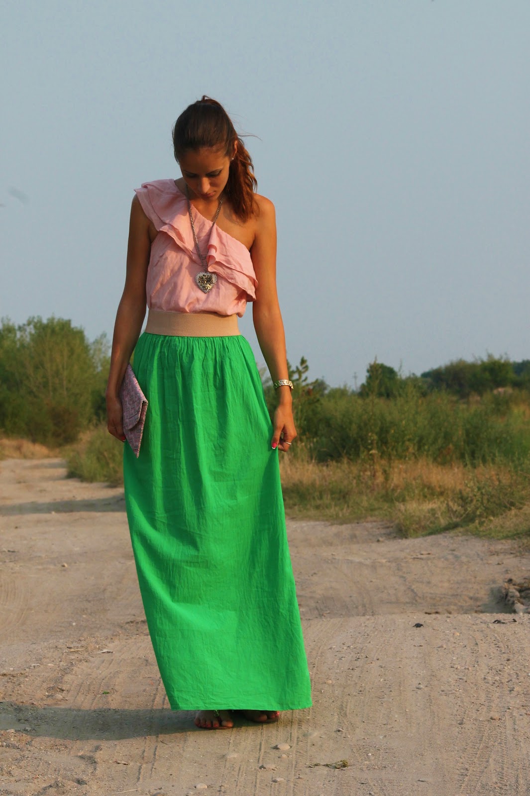 OOTD Maxi green skirt & Ruffle top