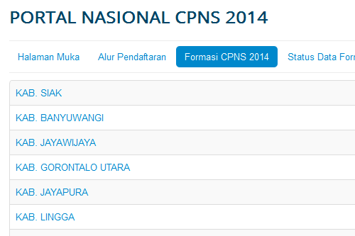 Pengumuman formasi CPNS tahun 2014 seluruh Kabupaten/Kota se-Indonesia..
