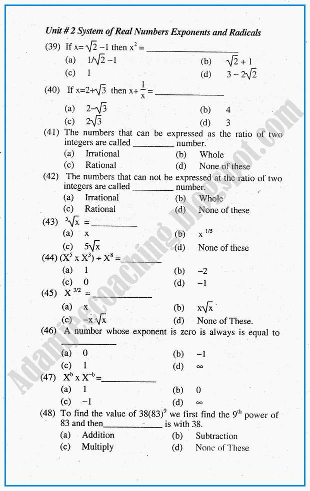 System of Real Numbers, Exponents and Radicals - MCQs - Mathematics