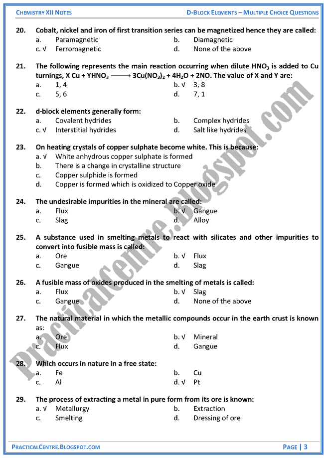 d-block-elements-mcqs-chemistry-12th