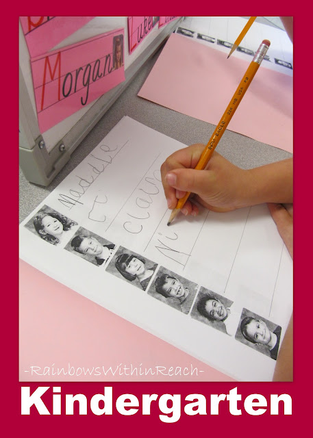 photo of: Kindergarten writing center using student names, Kindergarten fine motor