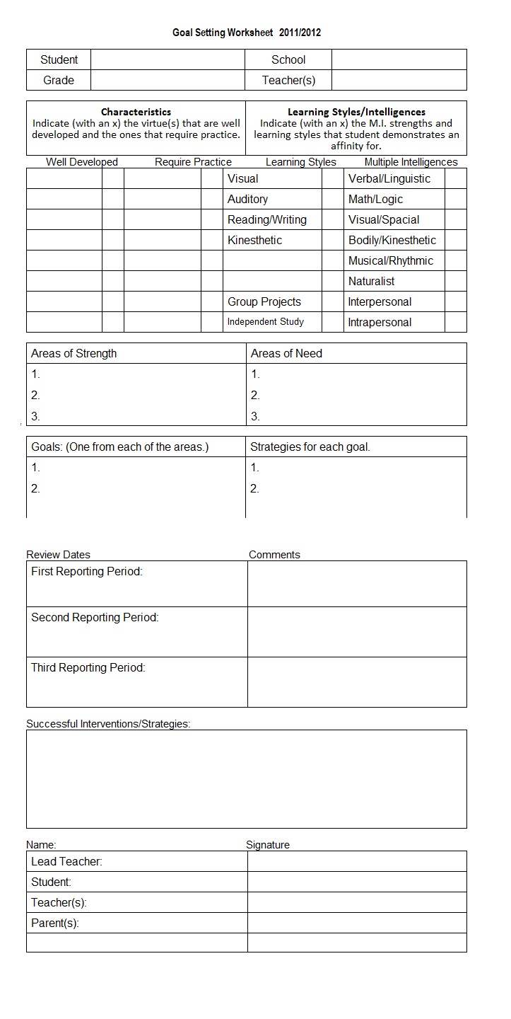 Goal Setting Worksheet ~ Template Sample