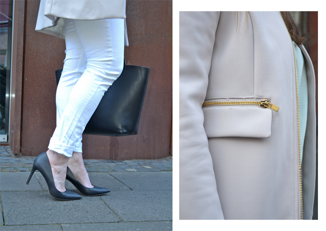 Zu den Pastell-Tönen kombiniere ich eine weiße Jeans von Gina Tricot White Jeans Black High Heels Shopper