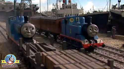 Blue Edward the tank engine and Thomas the train engine at Brendam docks Salty the dockyard diesel