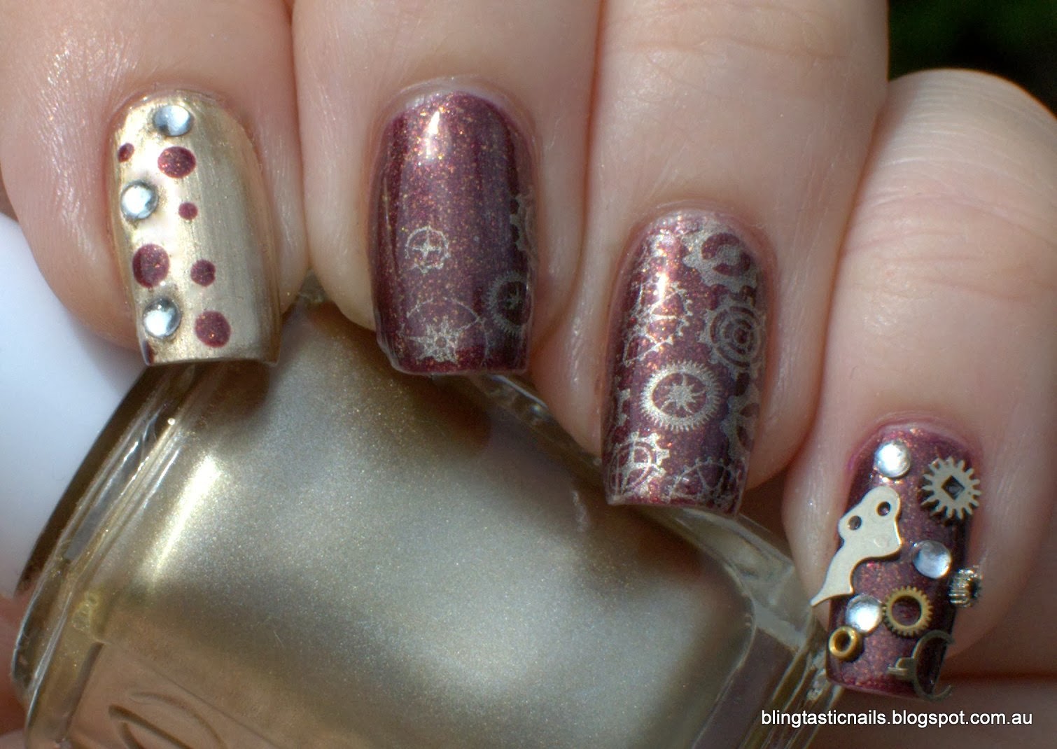 Essie Good as Gold with Aldi Five Star Bron-zite with Bundle Monster stamping and steampunk nail art.