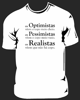Os Optimistas vêem o copo meio cheio. Os Pessimistas vêem o copo meio vazio. Os Realistas vêem que não há copo.