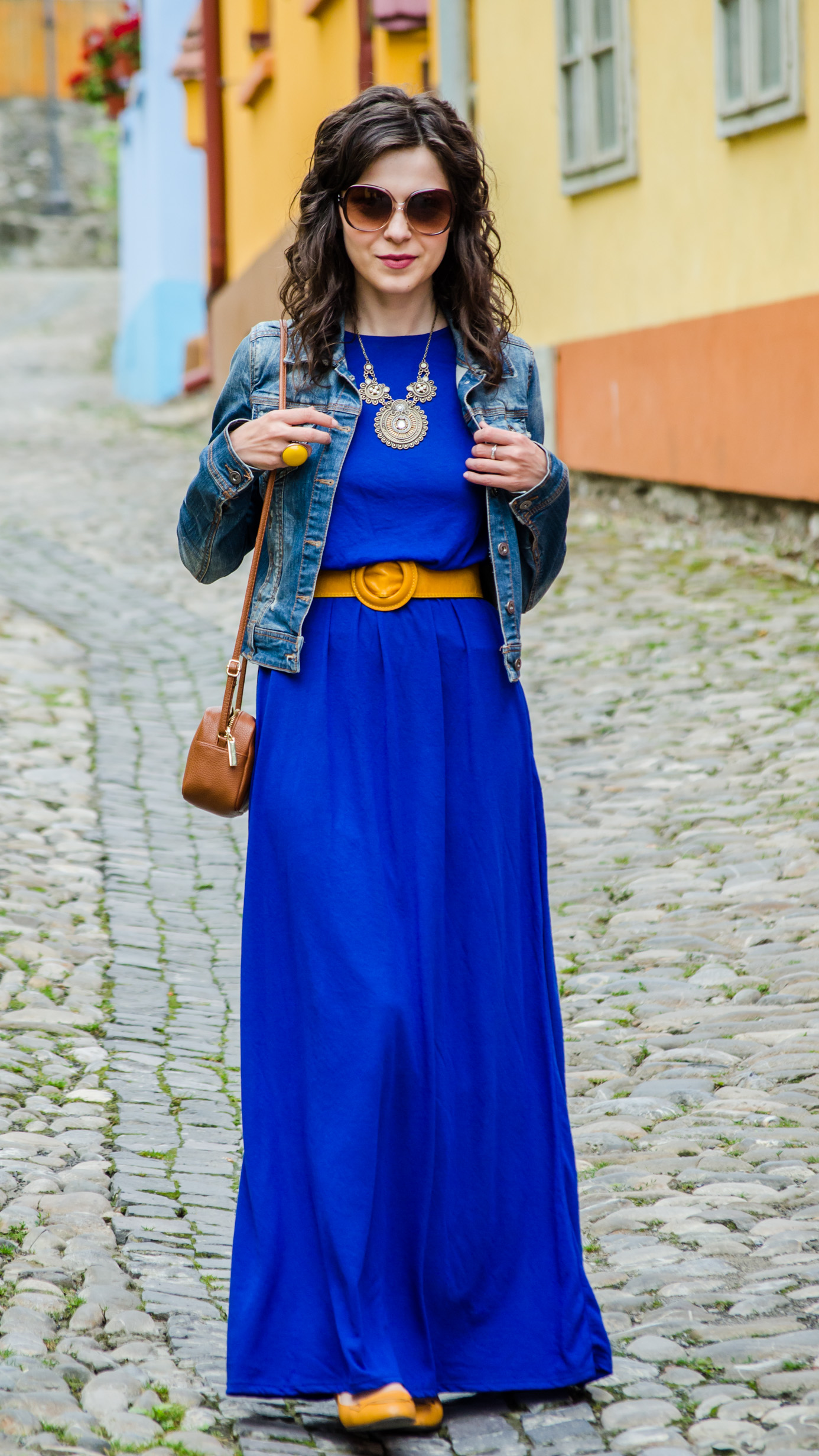 maxi dress cobalt blue mustard flats H&M belt sighisoara