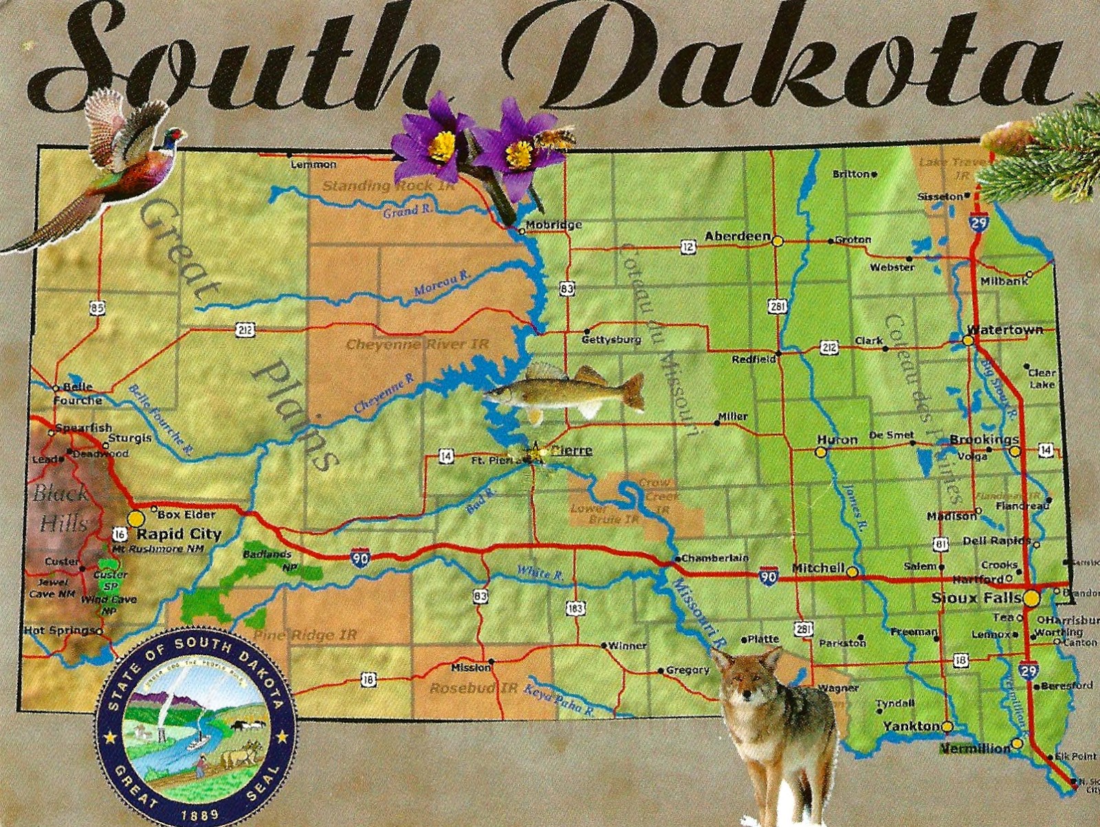 My Favorite Postcards Map of South Dakota